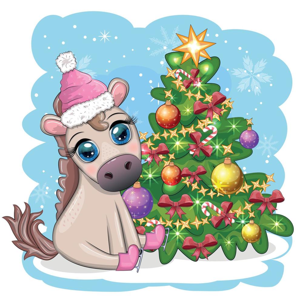 schattig paard, pony in santa's hoed met snoep kane, Kerstmis bal, geschenk, ijs het schaatsen. winter is komt eraan vector