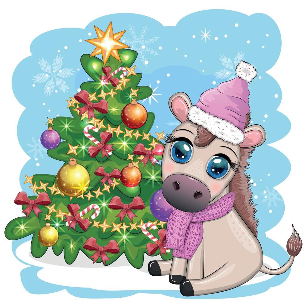 schattig ezel in de kerstman hoed met ballon, geschenk, snoep kane in de buurt de Kerstmis boom. ansichtkaart voor Kerstmis vector
