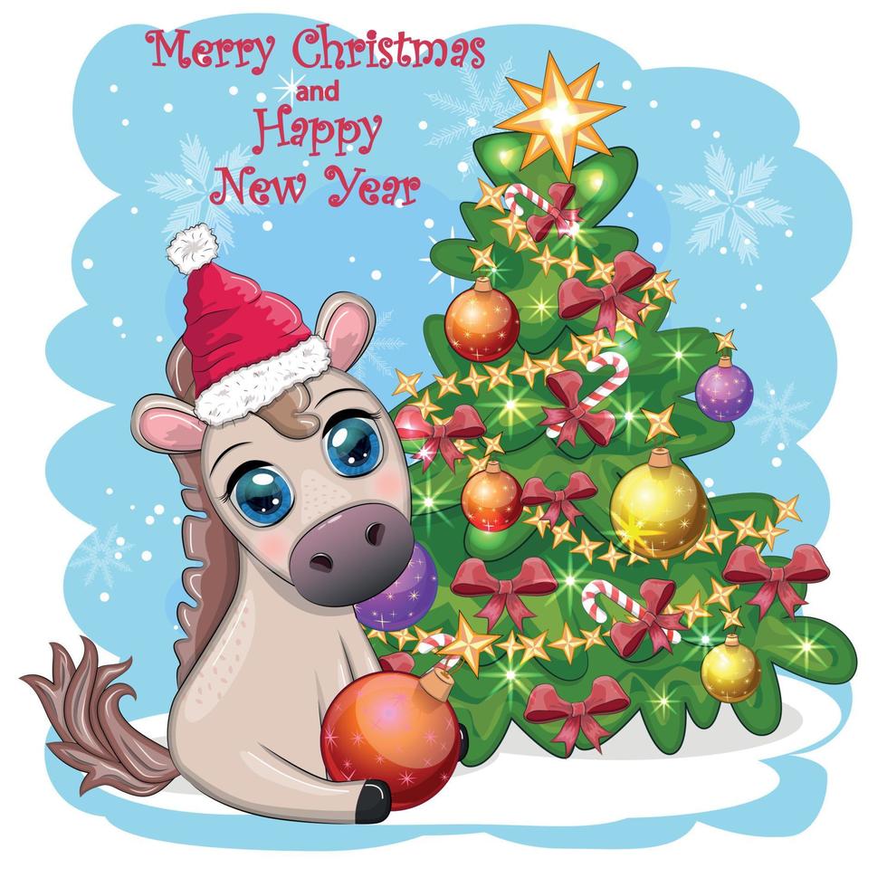 schattig paard, pony in santa's hoed met snoep kane, Kerstmis bal, geschenk, ijs het schaatsen. winter is komt eraan vector