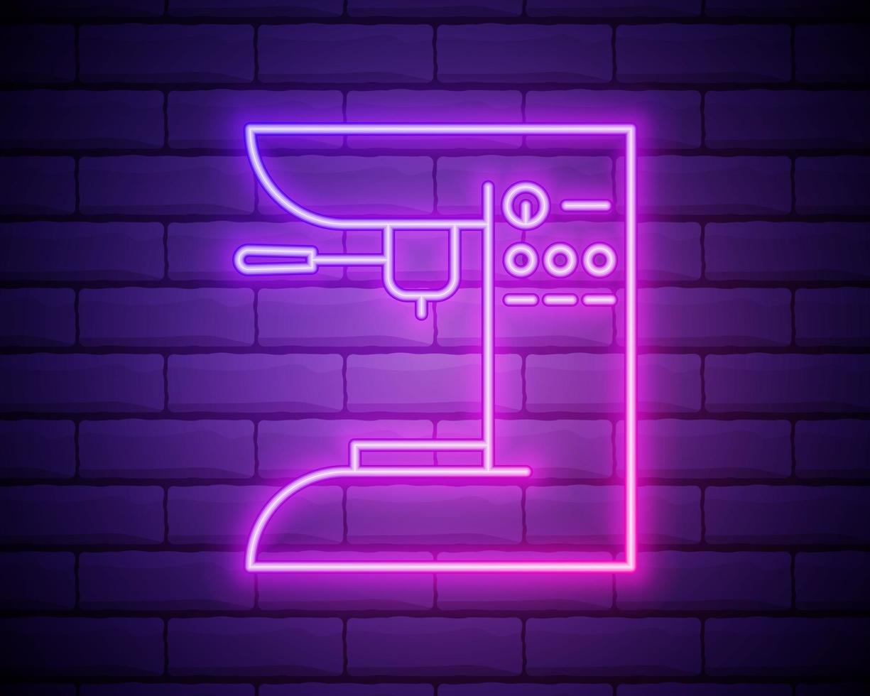 gloeiende neon koffiemachine en koffiekopje pictogram geïsoleerd op bakstenen muur achtergrond. vector illustratie