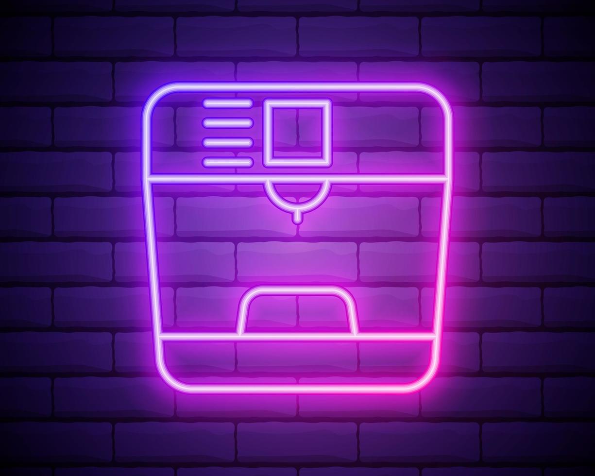 gloeiende neon koffiemachine en koffiekopje pictogram geïsoleerd op bakstenen muur achtergrond. vector illustratie