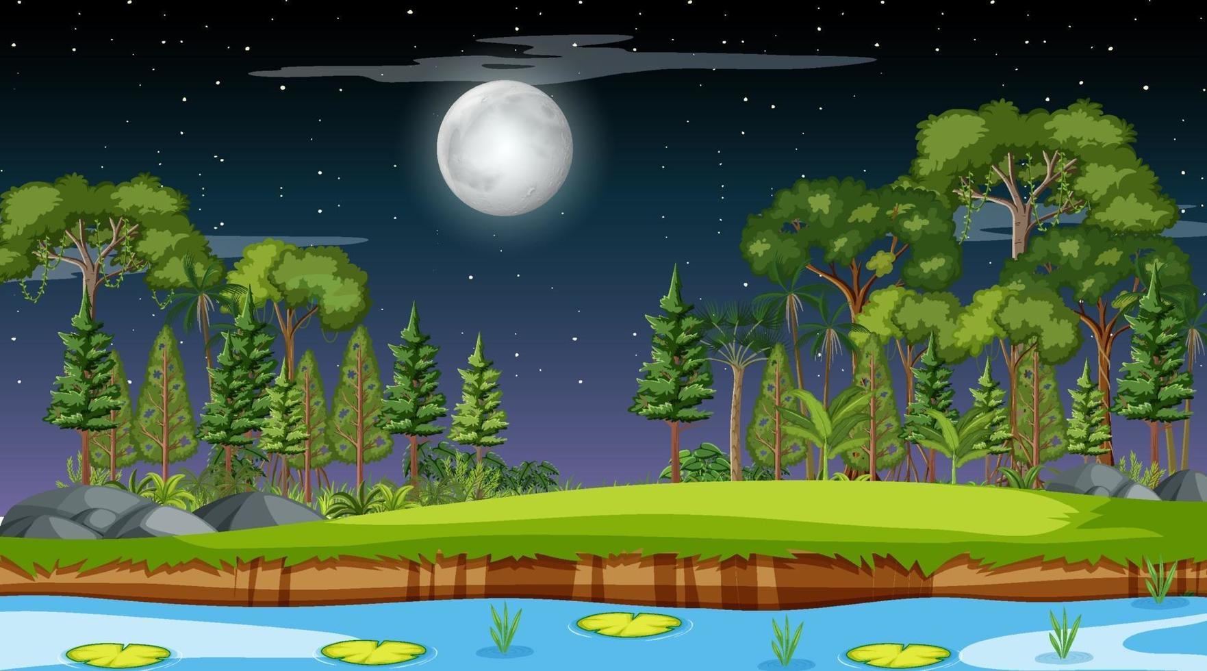 natuur boslandschap bij nachtscène met lange rivier die door de weide stroomt vector