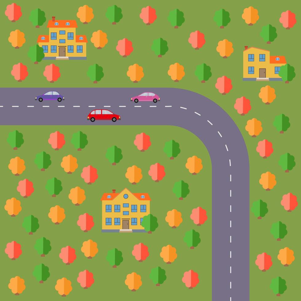 plan van dorp. landschap met de weg, Woud, auto's en huizen. vector illustratie