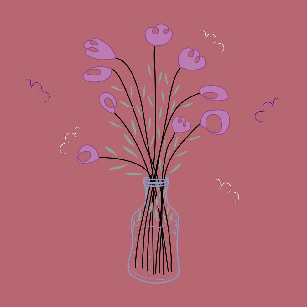 nog steeds leven hand- getrokken abstract bloemen in een zien door fles vaas met blad en vlinder in de omgeving van vector illustratie