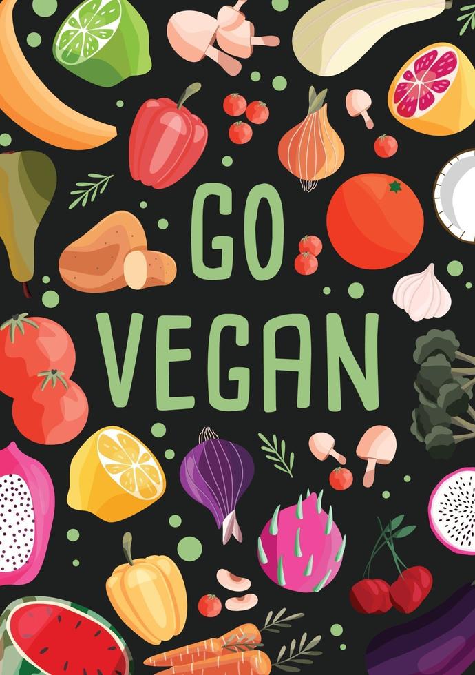 ga veganistisch verticaal postersjabloon met verzameling van verse biologische groenten en fruit. kleurrijke hand getrokken illustratie op lichtgroene achtergrond. vegetarisch en veganistisch eten. vector