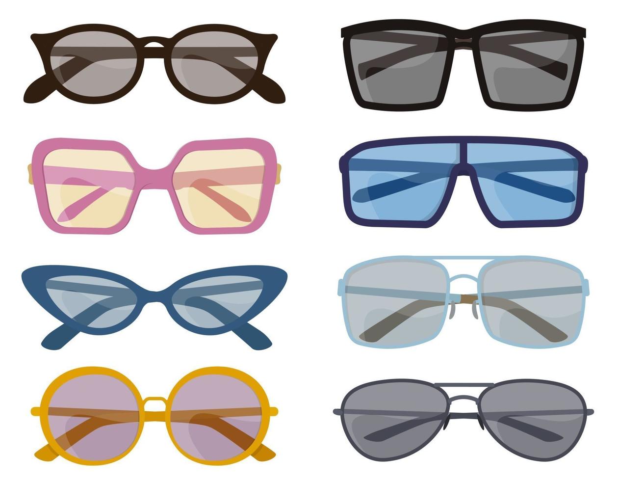 set van verschillende zonnebrillen. mannelijke en vrouwelijke accessoires in cartoon-stijl. vector
