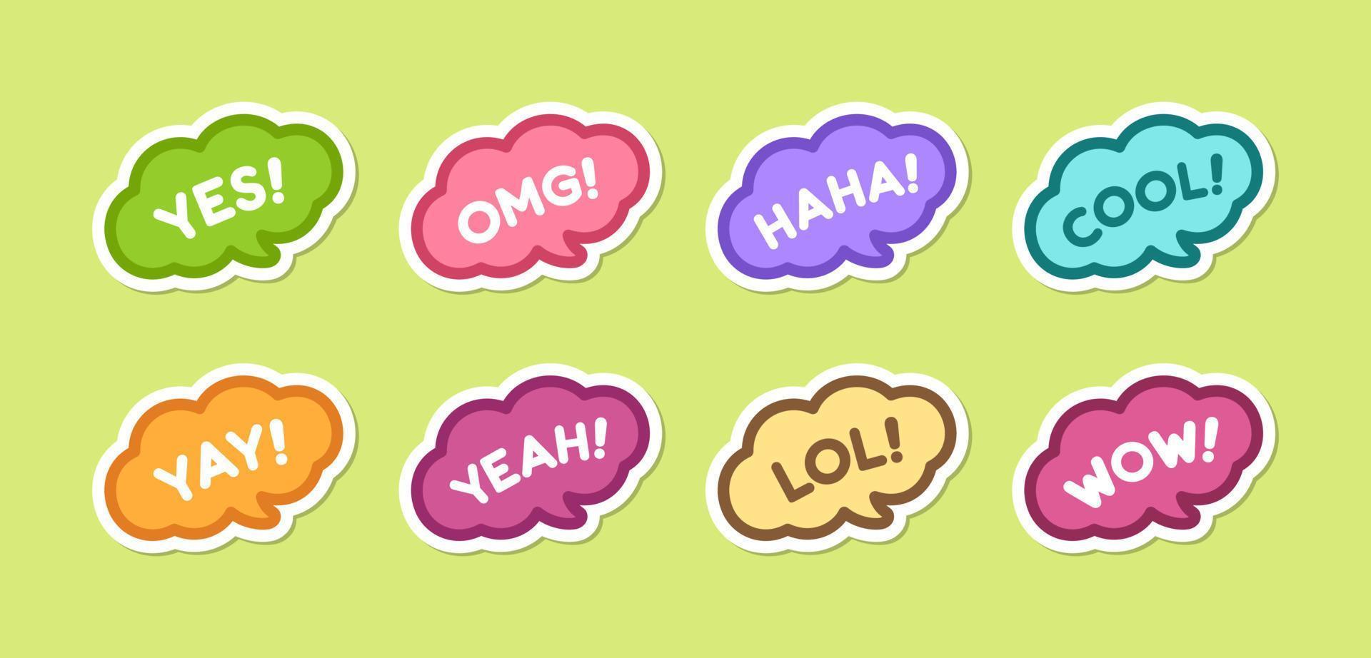 schattig toespraak bubbel met kort zinnen hoera, ja, koel, OMG, wauw, haha, lol online berichten icoon sticker set. gemakkelijk vlak vector illustratie.