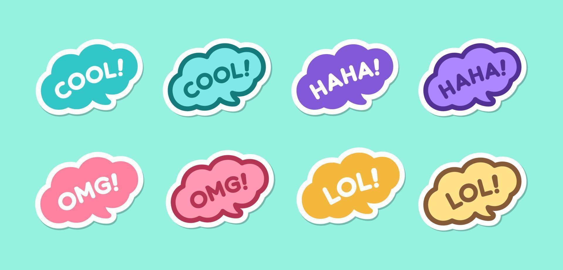 schattig toespraak bubbel met kort zinnen koel, OMG, haha, lol online berichten icoon sticker set. gemakkelijk vlak vector illustratie.