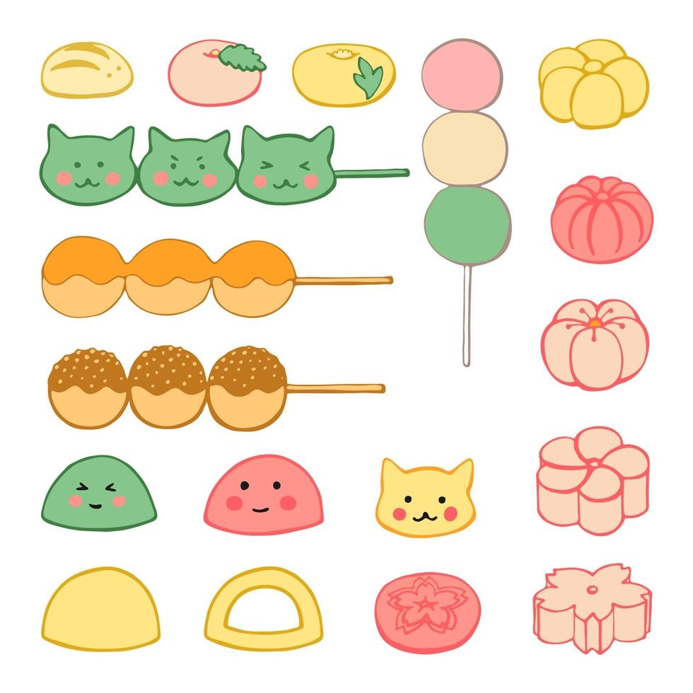 handgetekende Japanse desserts, snoep, dango, mochi, wagashi. vector illustratie in kleur op een witte achtergrond.