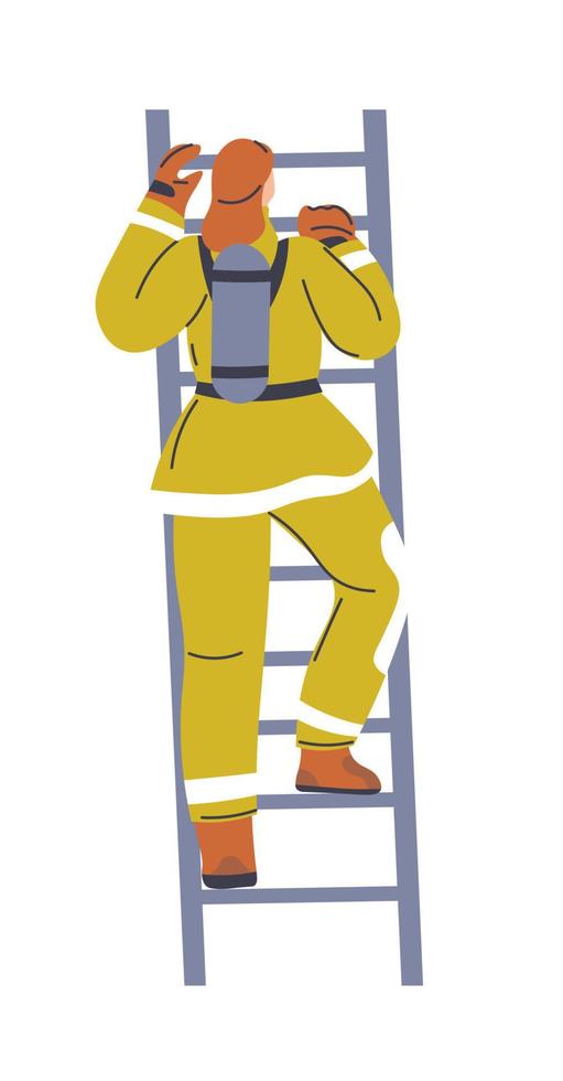 mannetje karakter, brandweerman beklimming Aan ladder vector