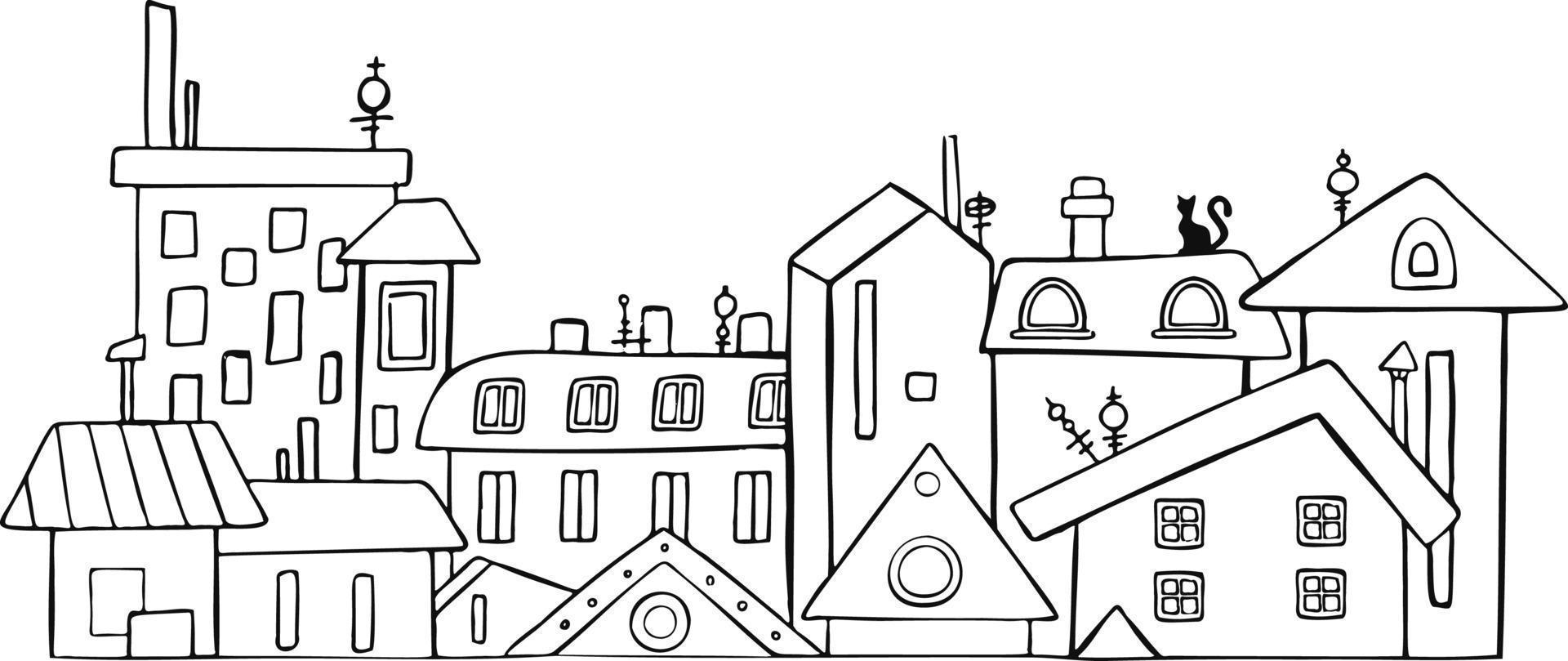 stad, stad- en platteland illustratie in lineair stijl - gebouwen, wolkenkrabber, kerk, fabriek, schuur. dun lijn kunst pictogrammen. hoog kwaliteit illustratie vector