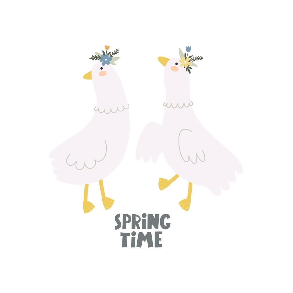 voorjaar tijd. tekenfilm schaap, bloemen, hand- tekening belettering. kleurrijk voorjaar vector illustratie, vlak stijl.
