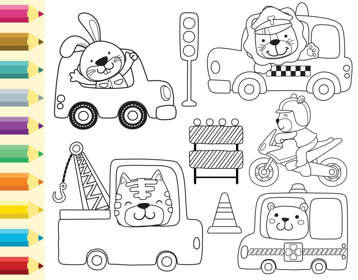 vector reeks van schattig dieren tekenfilm het rijden voertuig, verkeer elementen tekenfilm, kleur boek of bladzijde
