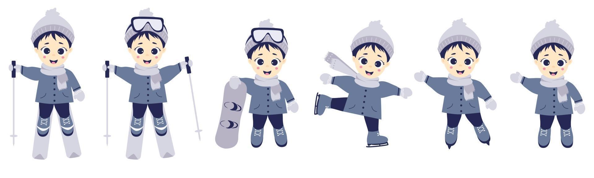 kinderen winter. jongen atleet skiën, schaatsen en snowboarden in verschillende poses. set van wintersport en kind. vector illustratie. kindercollectie voor ansichtkaarten, ontwerp en print