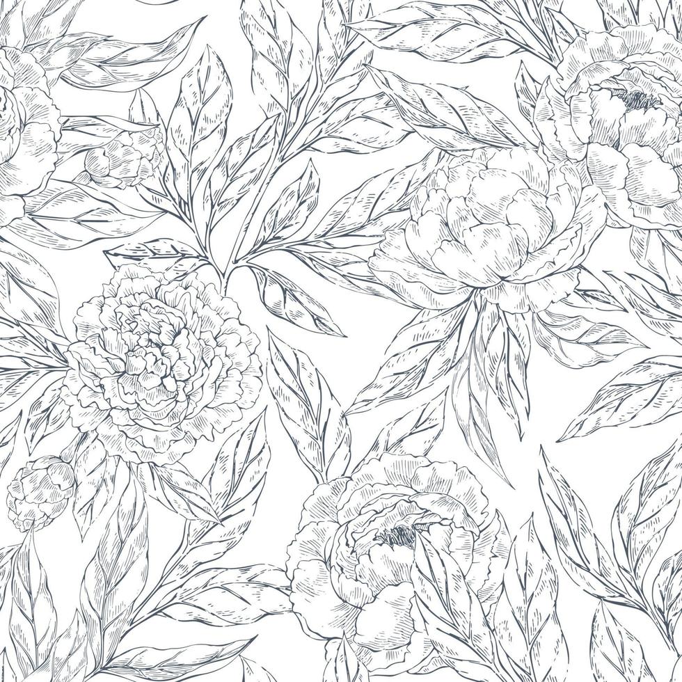 naadloze patroon met schetsen van pioenrozen bloem vector