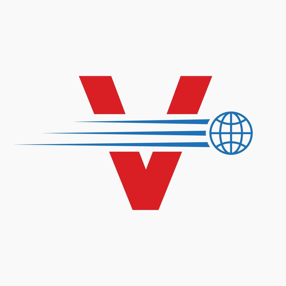 brief v globaal logo concept met in beweging wereld icoon. globaal logotype symbool vector sjabloon