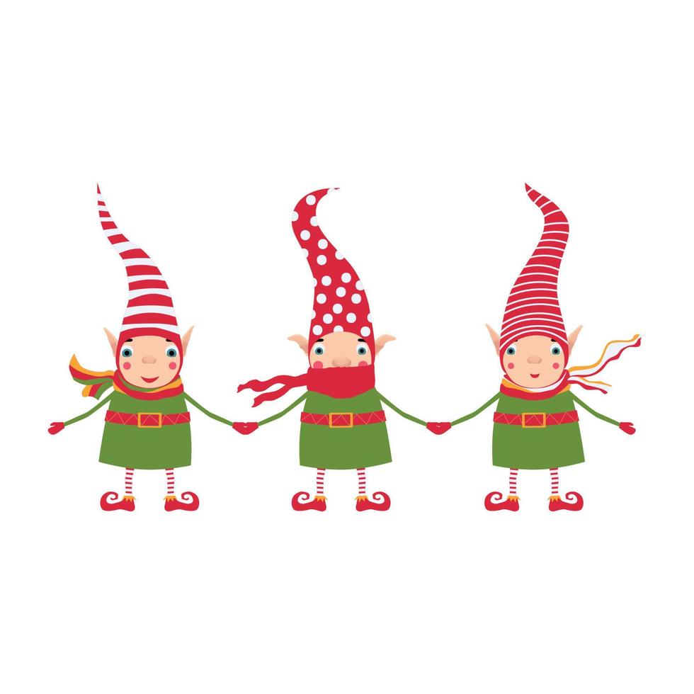 Kerstmis elfen 3 staan Holding handen. schattig nieuw jaar illustratie voor kinderen vector