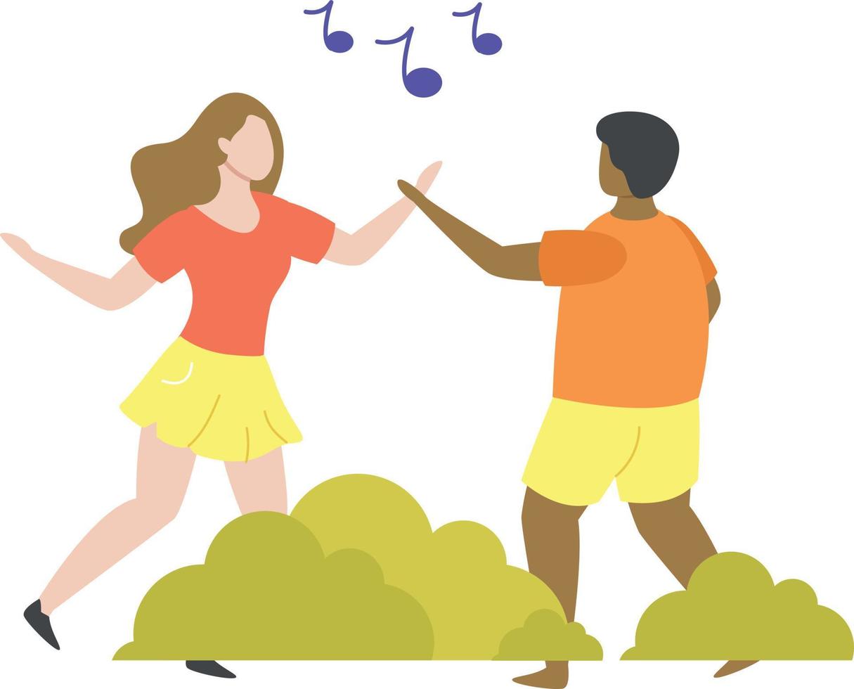 jongen en meisje dansen naar muziek. vector