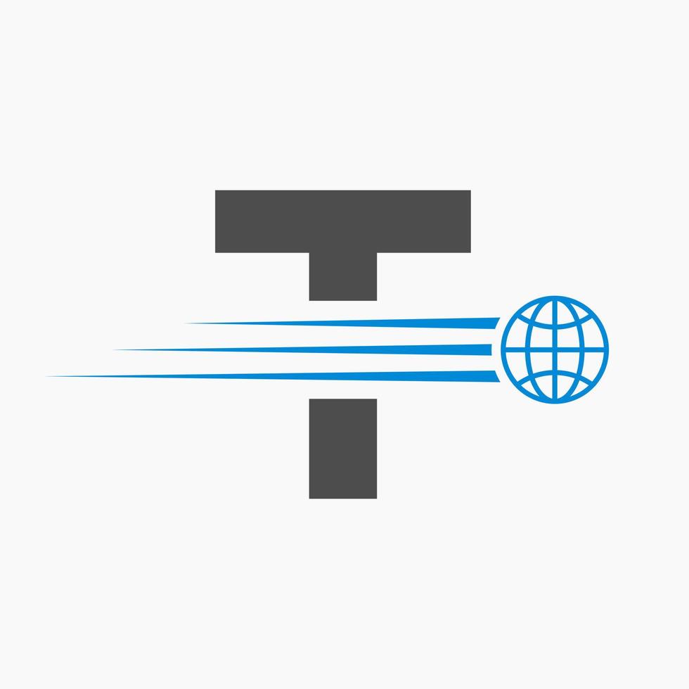 brief t globaal logo concept met in beweging wereld icoon. globaal logotype symbool vector sjabloon