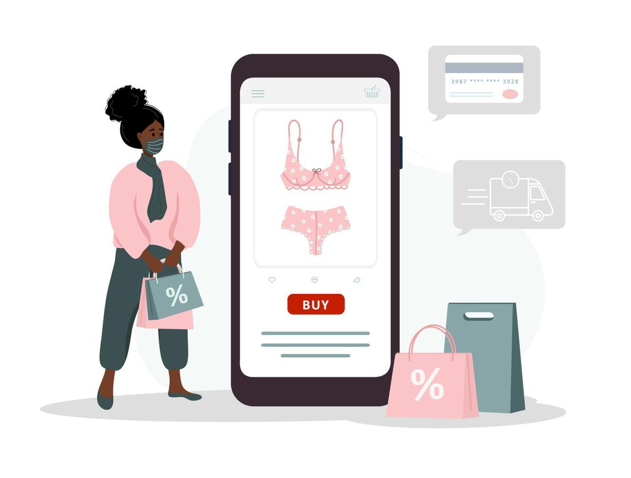 online boodschappen doen Aan website of mobiel app. Afrikaanse vrouw koopt modern ondergoed Bij online lingerie op te slaan. de Product catalogus Aan de web browser bladzijde. vector illustratie in vlak tekenfilm stijl