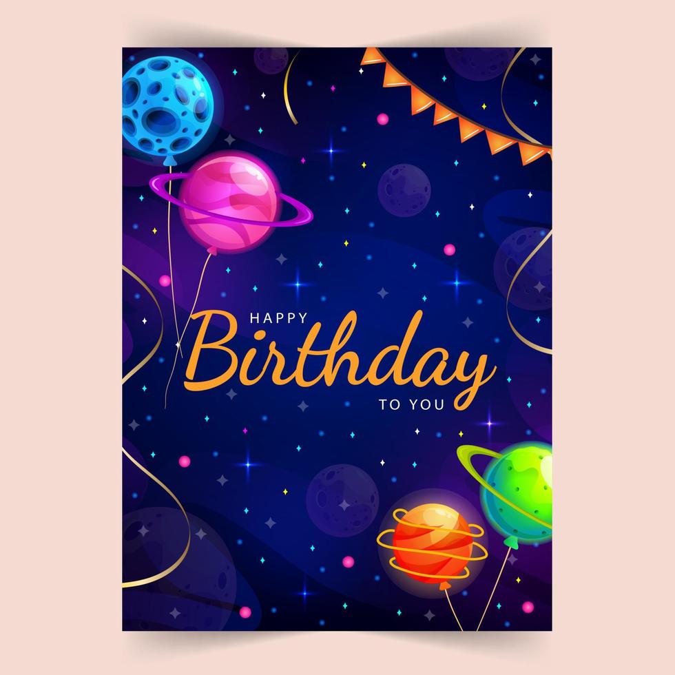 fijne verjaardag. ruimte en universum achtergrond met realistische gouden serpentine en schattige planeten. typografieontwerp voor wenskaart, poster of banner. vectorillustratie. vector