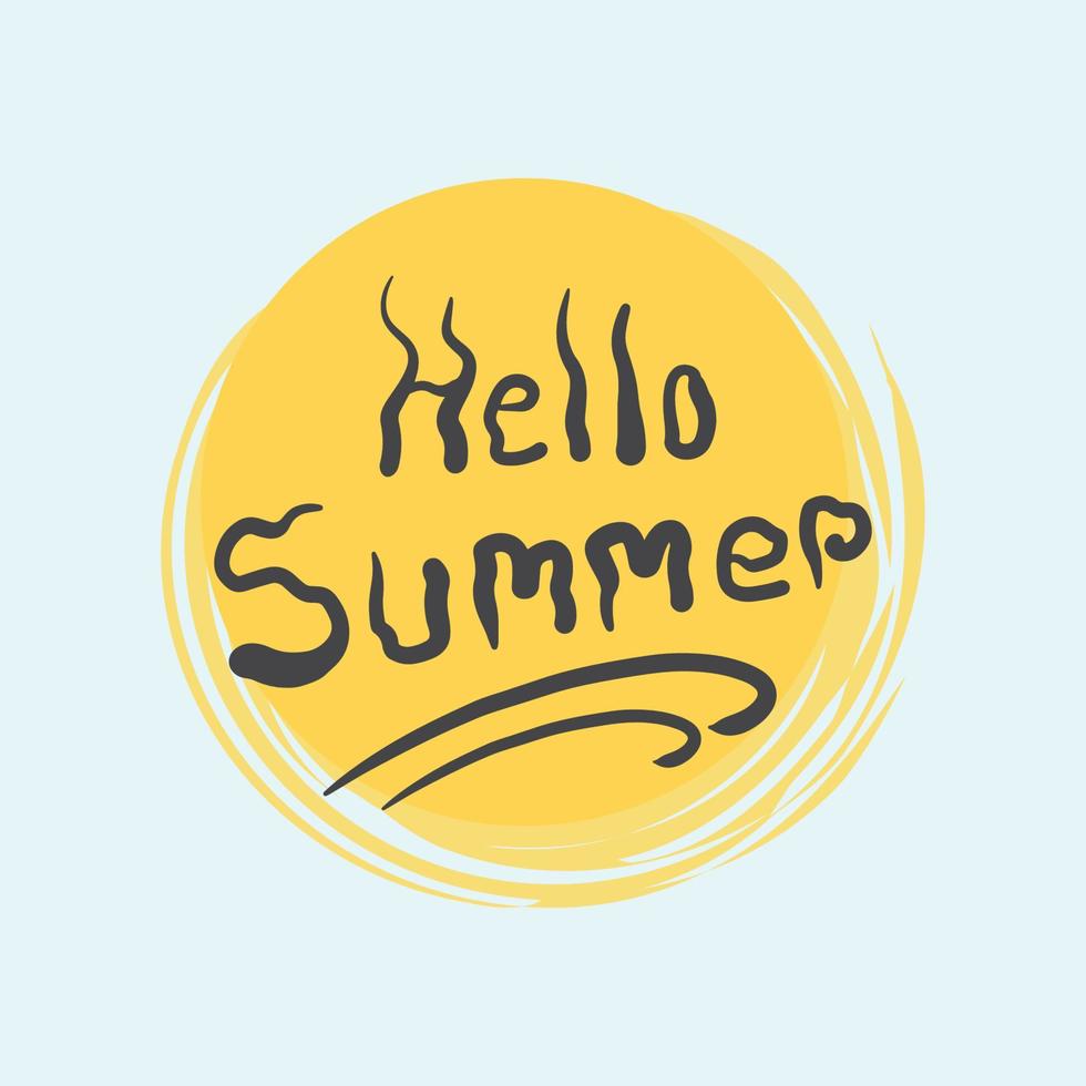 Hallo zomer handgeschreven belettering voor t shirt, reis, strand. Hallo zomer vector illustratie met zon glas, Pruim boom.