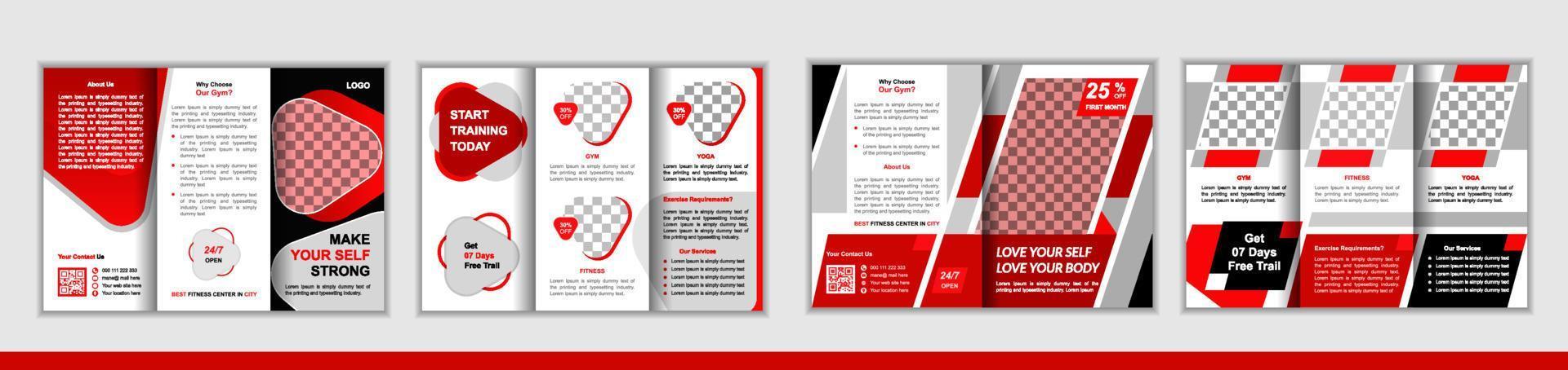 Sportschool en geschiktheid drievoud brochure ontwerp vector mega set. of lichaam gebouw en yoga tweevoudig brochure sjabloon. kan worden zich aanpassen naar geschiktheid tijdschrift, sociaal media na, creatief concept gevouwen folder.