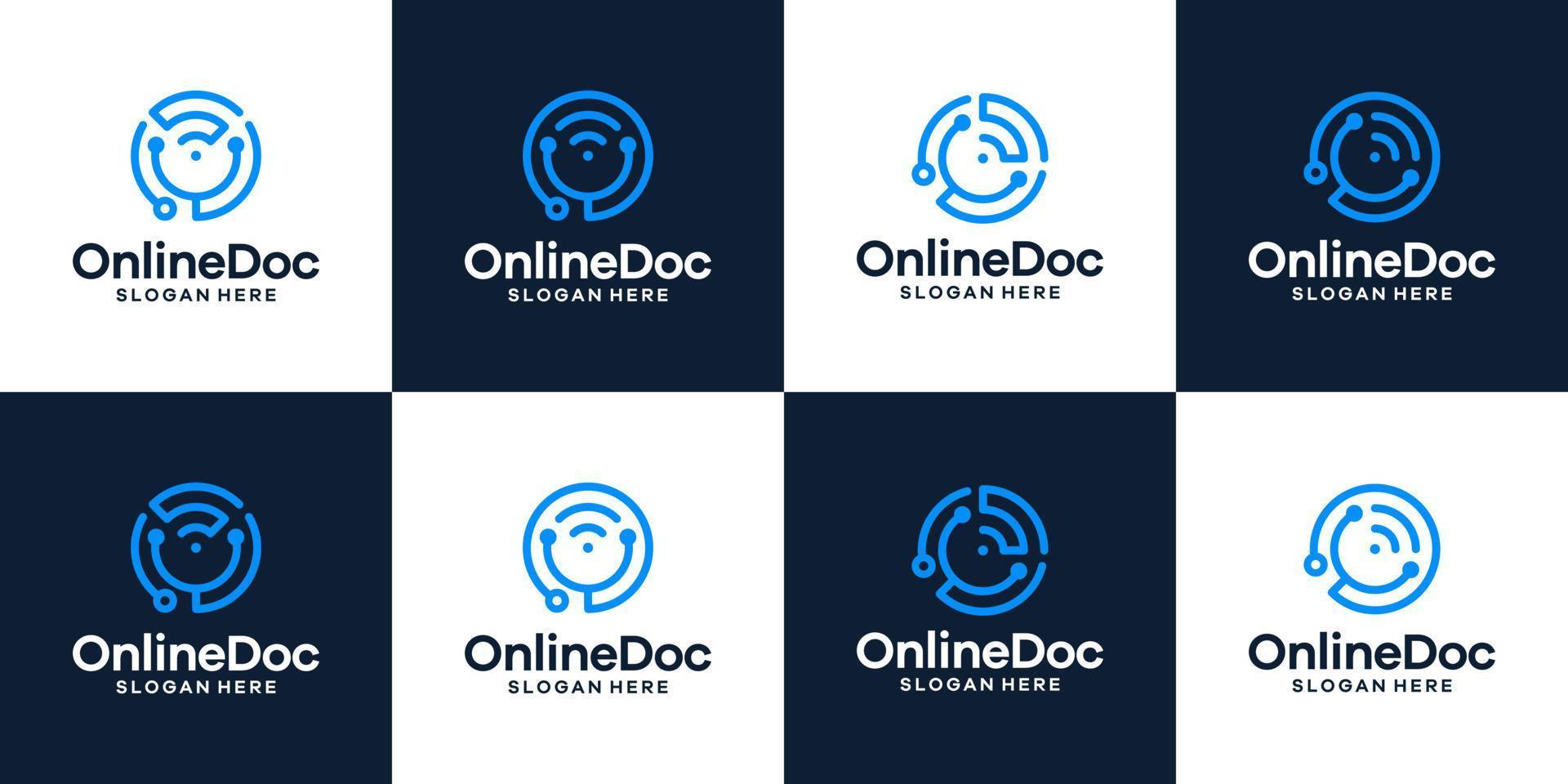 verzameling stethoscoop logo ontwerp met signaal Wifi en brief s grafisch ontwerp vector illustratie. symbool online dokter, icoon, creatief.