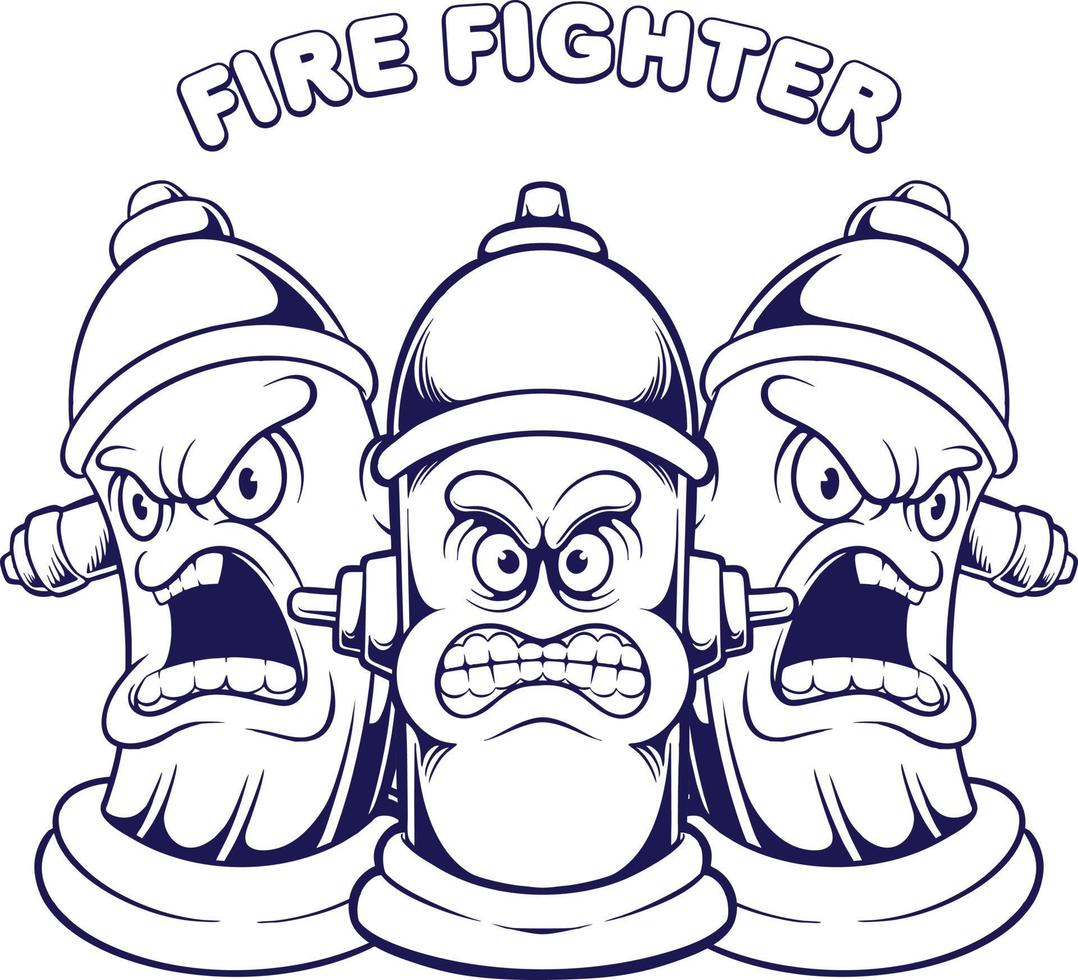 boos brandweerman brand hydrant mascotte illustraties monochroom vector