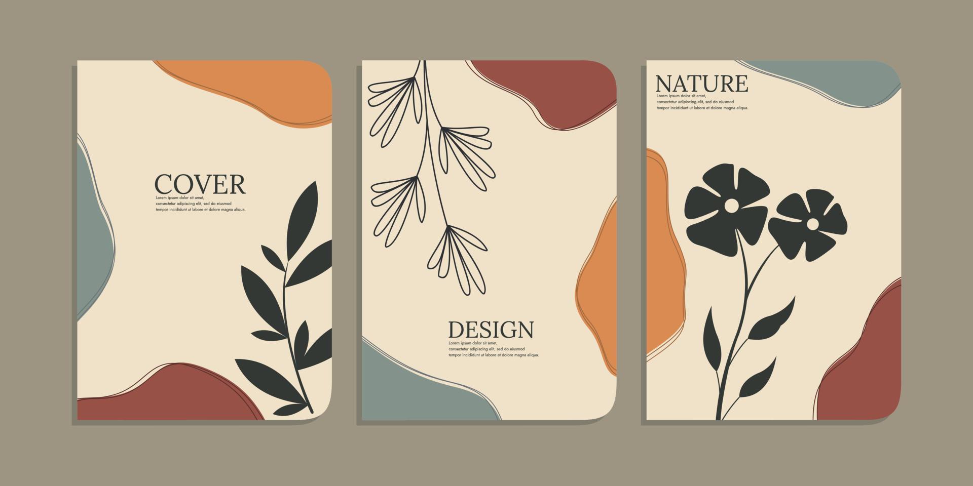 reeks van boek Hoes ontwerpen met hand- getrokken gebladerte decoraties. abstract retro botanisch achtergrondgrootte a4 voor notitieboekjes, dagboek, schoolboek, planners, brochures, boeken, catalogi vector