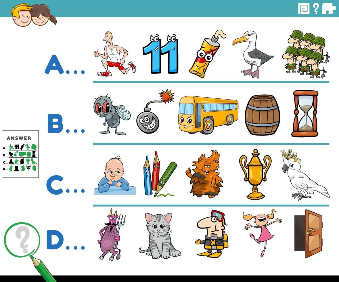 eerste letter van een woord cartoon educatieve taak voor kinderen vector