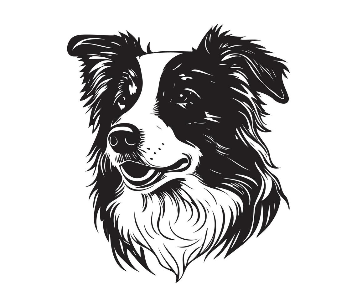 grens collie gezicht, silhouet hond gezicht, zwart en wit grens collie vector