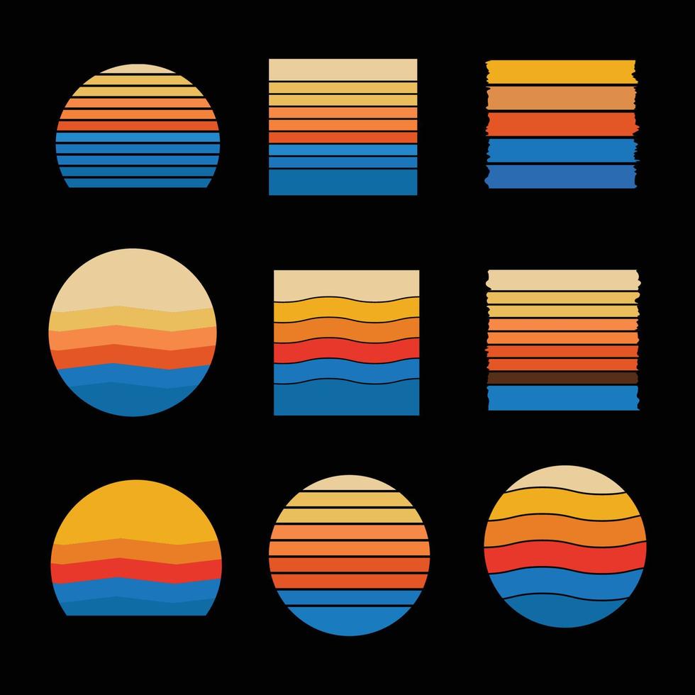 reeks van wijnoogst retro zonsondergang illustraties vector achtergrond, jaren 70 80s oud kleur, verschillend vorm retro zonsondergang stijl verzameling ontwerp element voor sticker, logo, icoon, t-shirt, spandoeken, afdrukken.