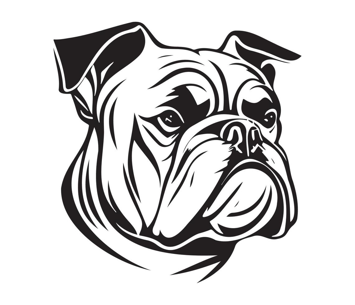 bulldog gezicht, silhouet hond gezicht, zwart en wit bulldog vector