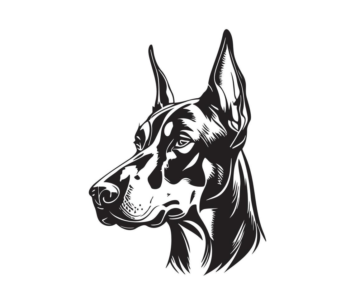 doberman gezicht, silhouet hond gezicht, zwart en wit doberman vector