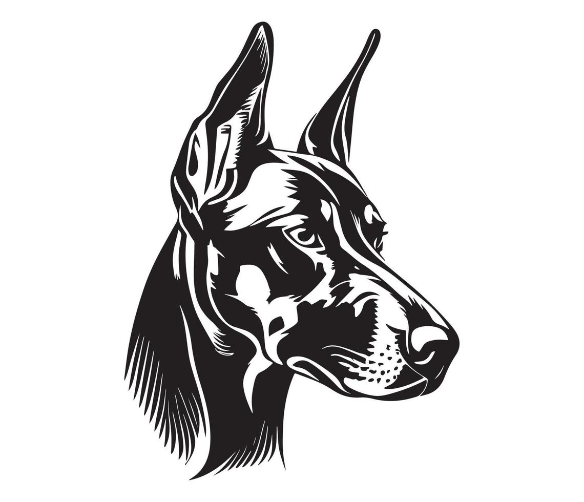 doberman gezicht, silhouet hond gezicht, zwart en wit doberman vector