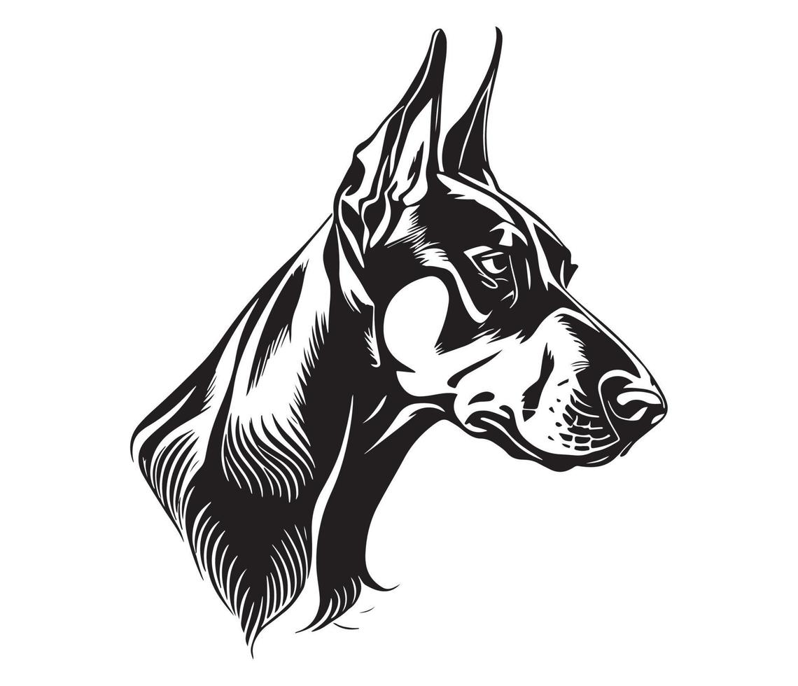 doberman gezicht, silhouet hond gezicht, zwart en wit doberman vector