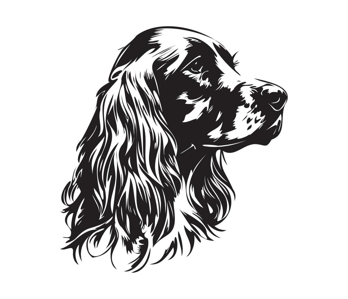 Engels cocker spanje gezicht, silhouet hond gezicht, zwart en wit Engels cocker spanje vector