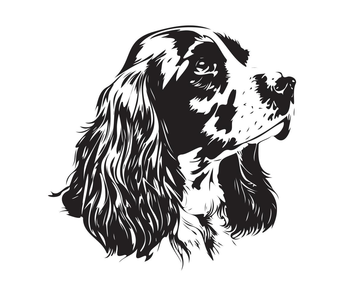 Engels cocker spanje gezicht, silhouet hond gezicht, zwart en wit Engels cocker spanje vector