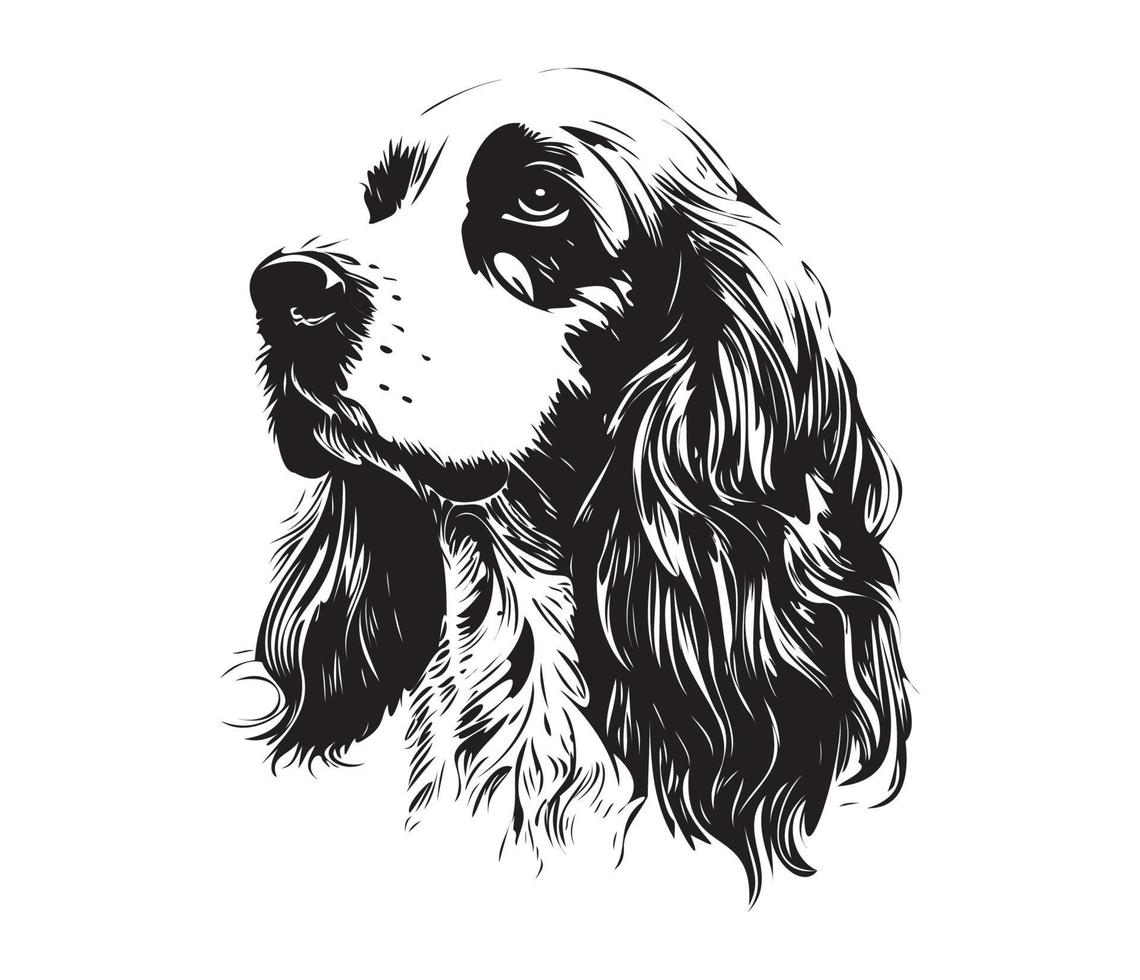 Engels cocker spanje gezicht, silhouet hond gezicht, zwart en wit Engels cocker spanje vector