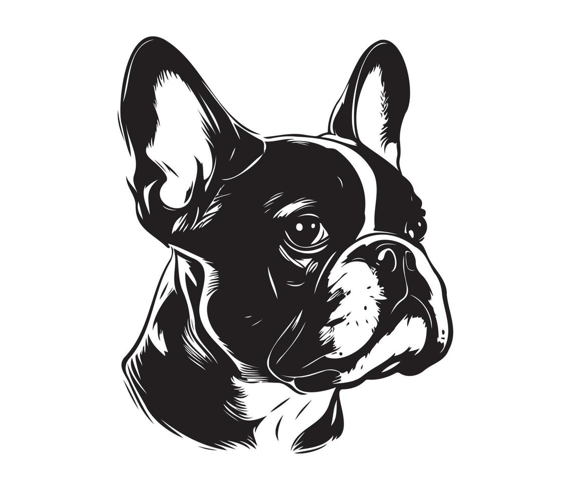 Frans bulldog gezicht, silhouet hond gezicht, zwart en wit Frans bulldog vector