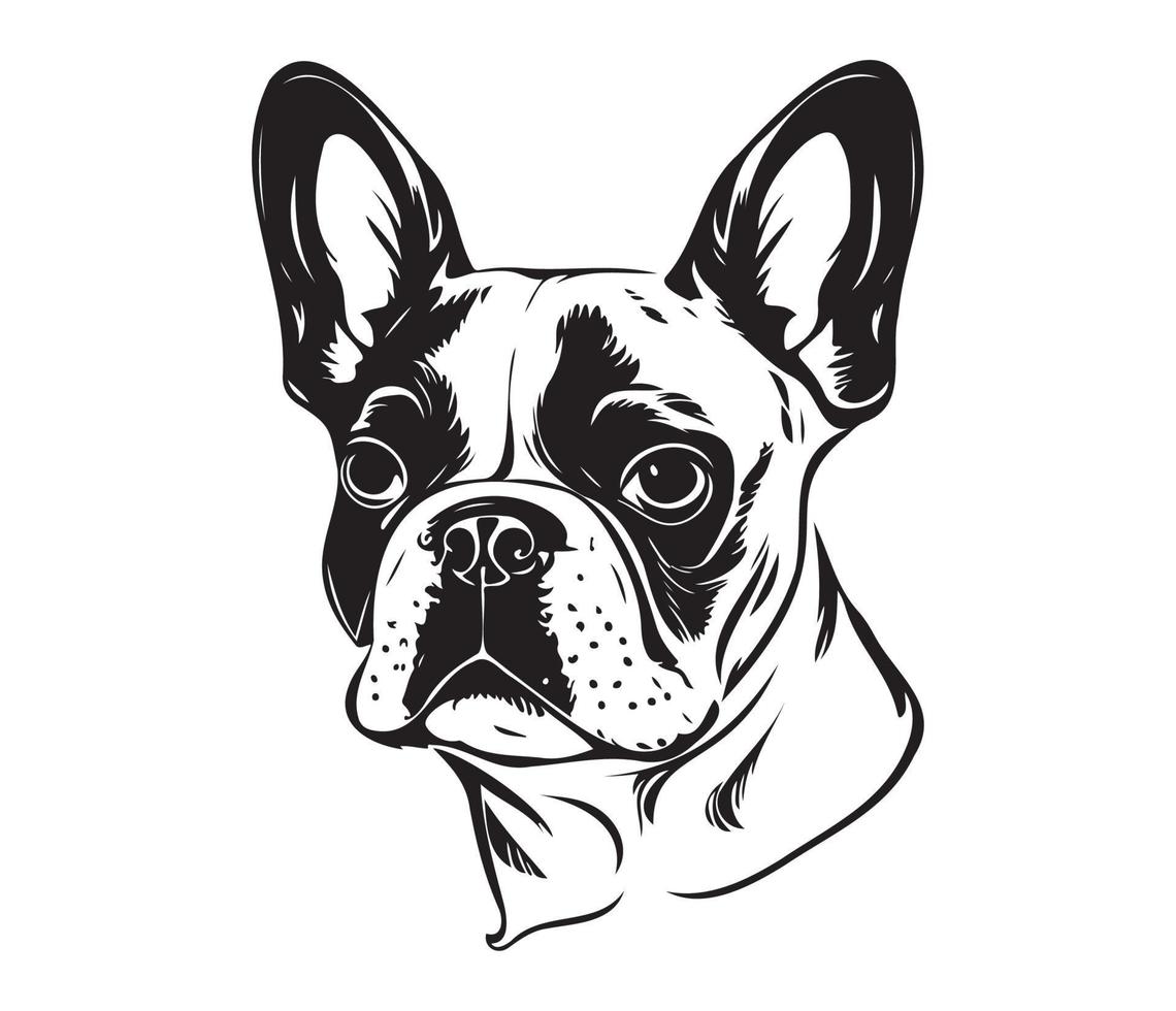 Frans bulldog gezicht, silhouet hond gezicht, zwart en wit Frans bulldog vector