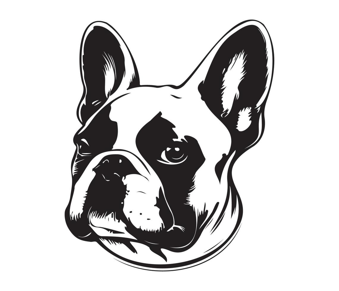 Frans bulldog gezicht, silhouet hond gezicht, zwart en wit Frans bulldog vector