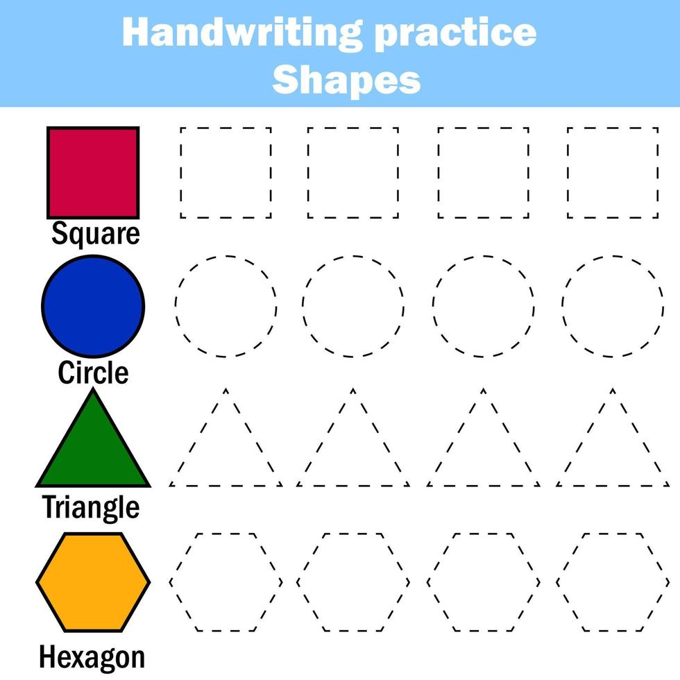 handschrift praktijk vel. leerzaam kinderen spel. schrijven opleiding. kinderen werkzaamheid. aan het leren geometrie vormen afdrukbare werkblad vector