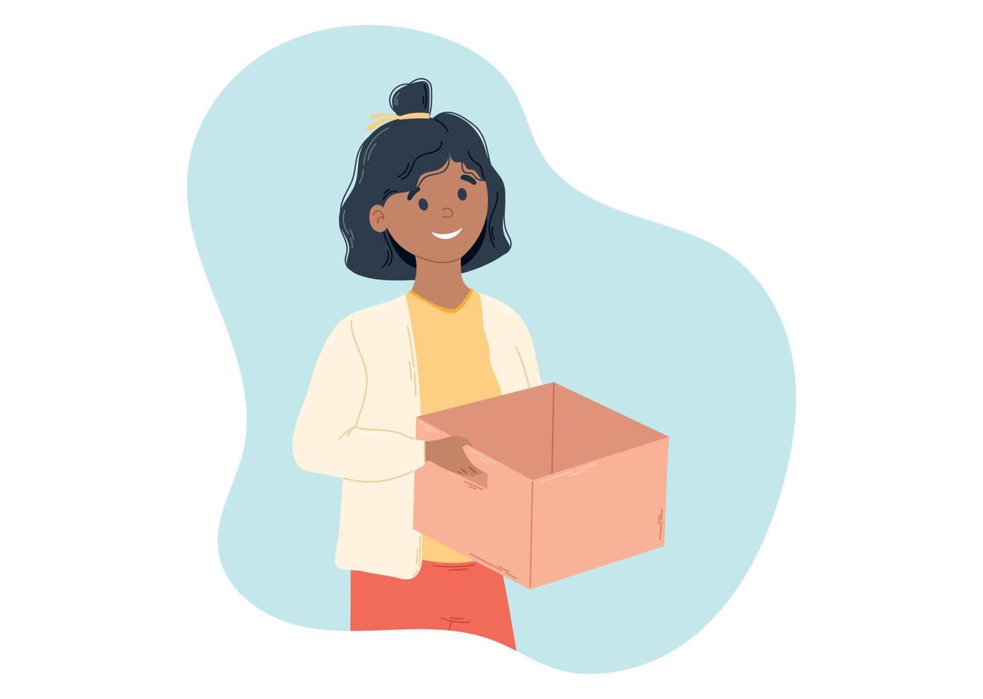 tekenfilm jong Afrikaanse Amerikaans meisje Holding een leeg karton doos. vector vlak illustratie van een glimlachen kind.