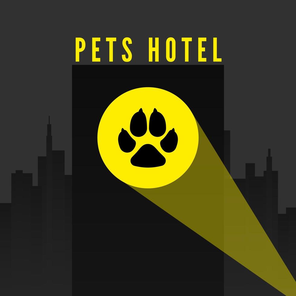 huisdieren hotel. spoor van honden poot in spotlight Aan stad achtergrond. logo voor huisdier hotel of dierenarts kliniek. vector