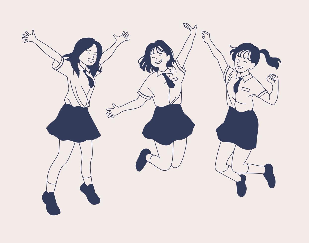 een meisje in een schooluniform springt van opwinding. hand getrokken stijl vector ontwerp illustraties.