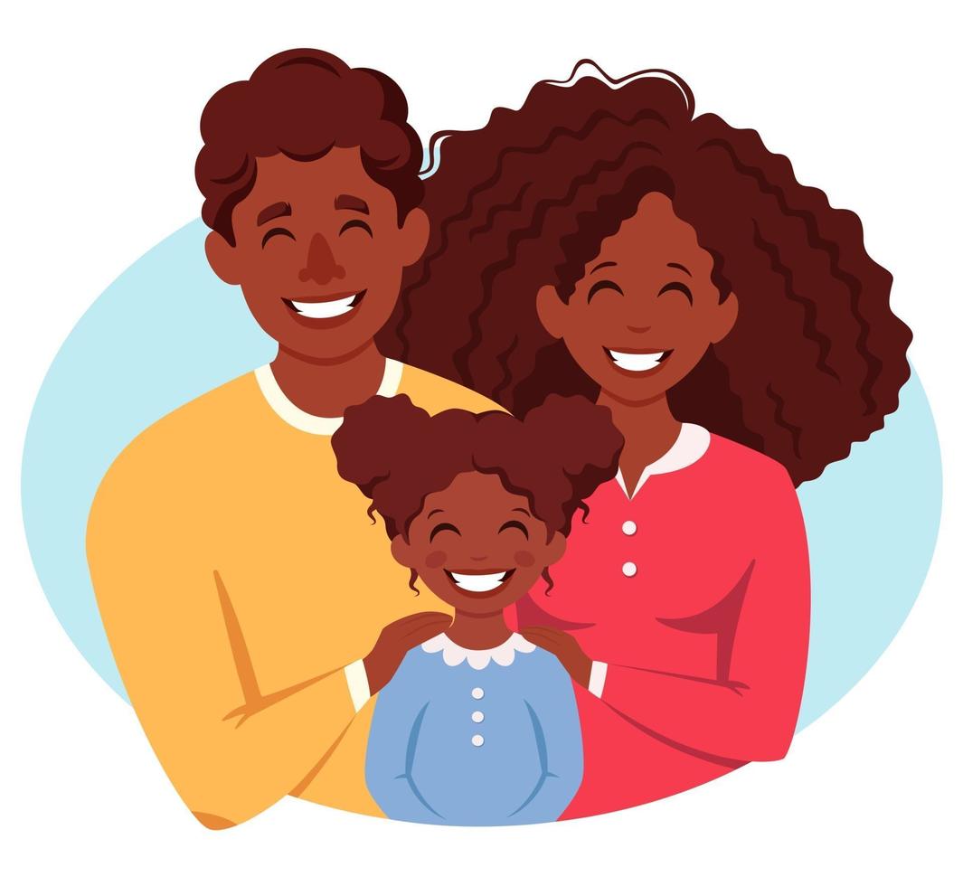 gelukkig Afro-Amerikaanse gezin met dochter. ouders knuffelen kind. internationale dag van gezinnen. vector illustratie