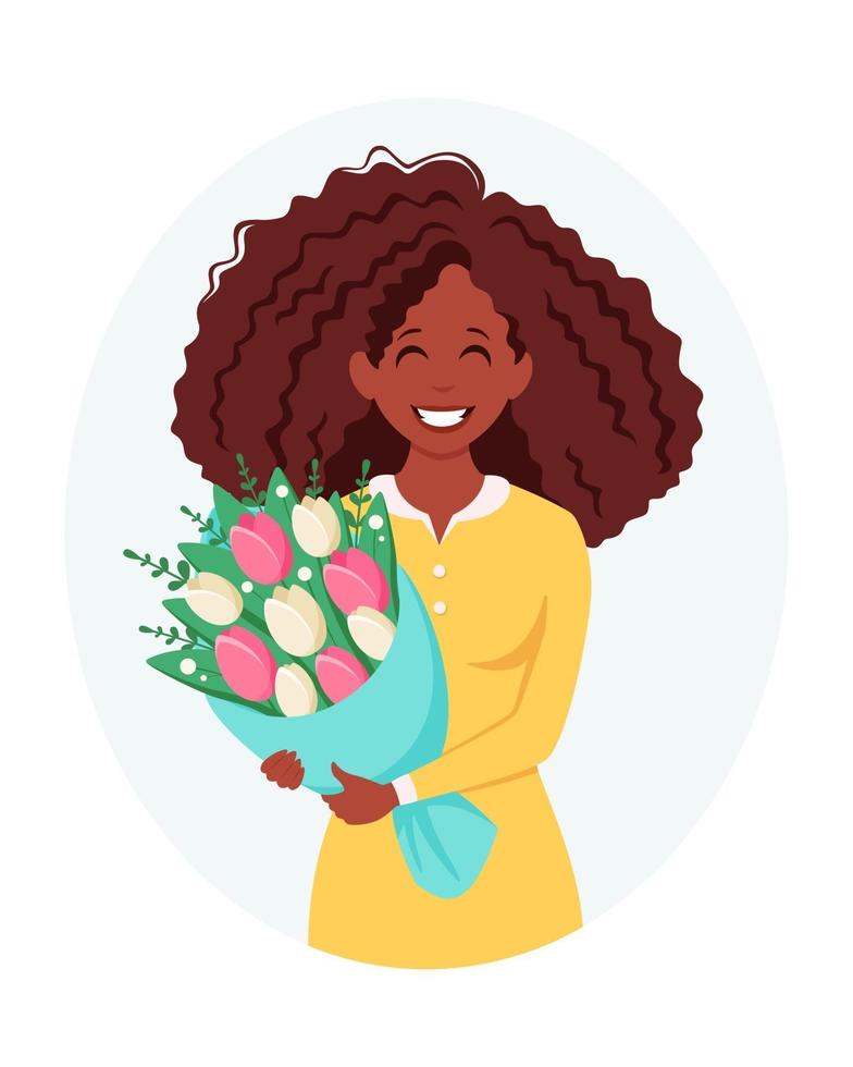 zwarte vrouw met boeket bloemen. vrouwendag, moederdag. vector illustratie.