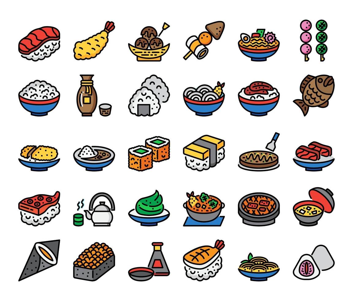 Japans eten kleur overzicht vector iconen